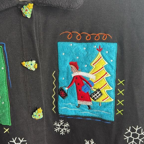 Vintage Christmas Appliqué Embroidered Button- front Knit Cardigan W1800 Sz XL - Picture 4 of 8